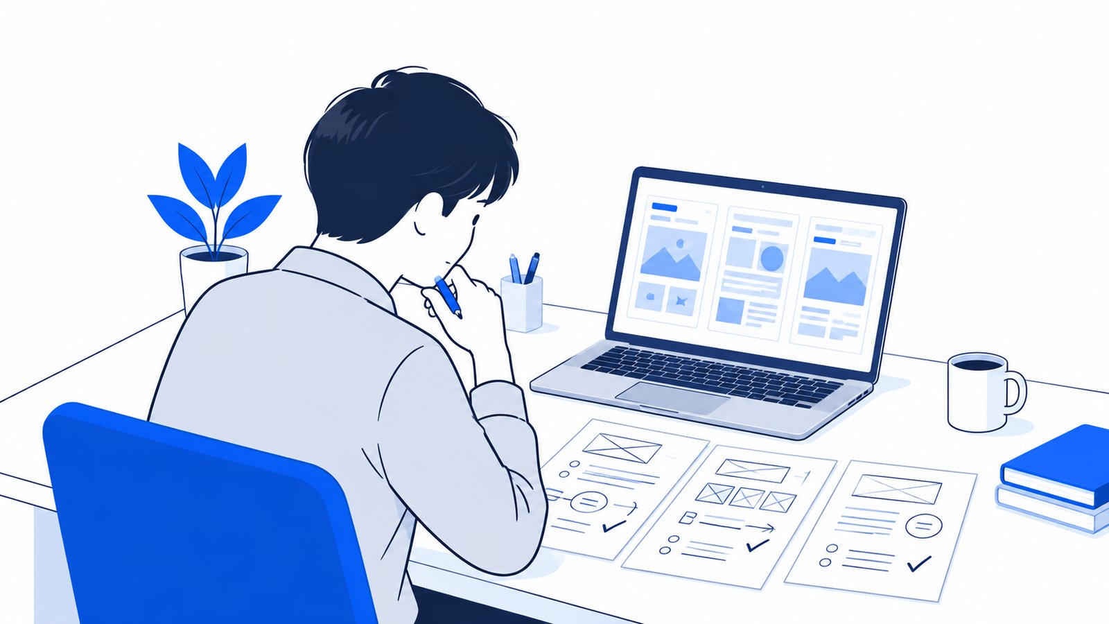 会社員が机でノートPCと手書きのメモを前に、ホームページの作り方を比べて考えている様子
