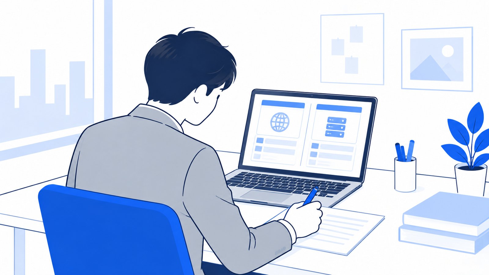 担当者がノートPCでドメインとサーバーの契約内容を確認し、メモに書き写している様子
