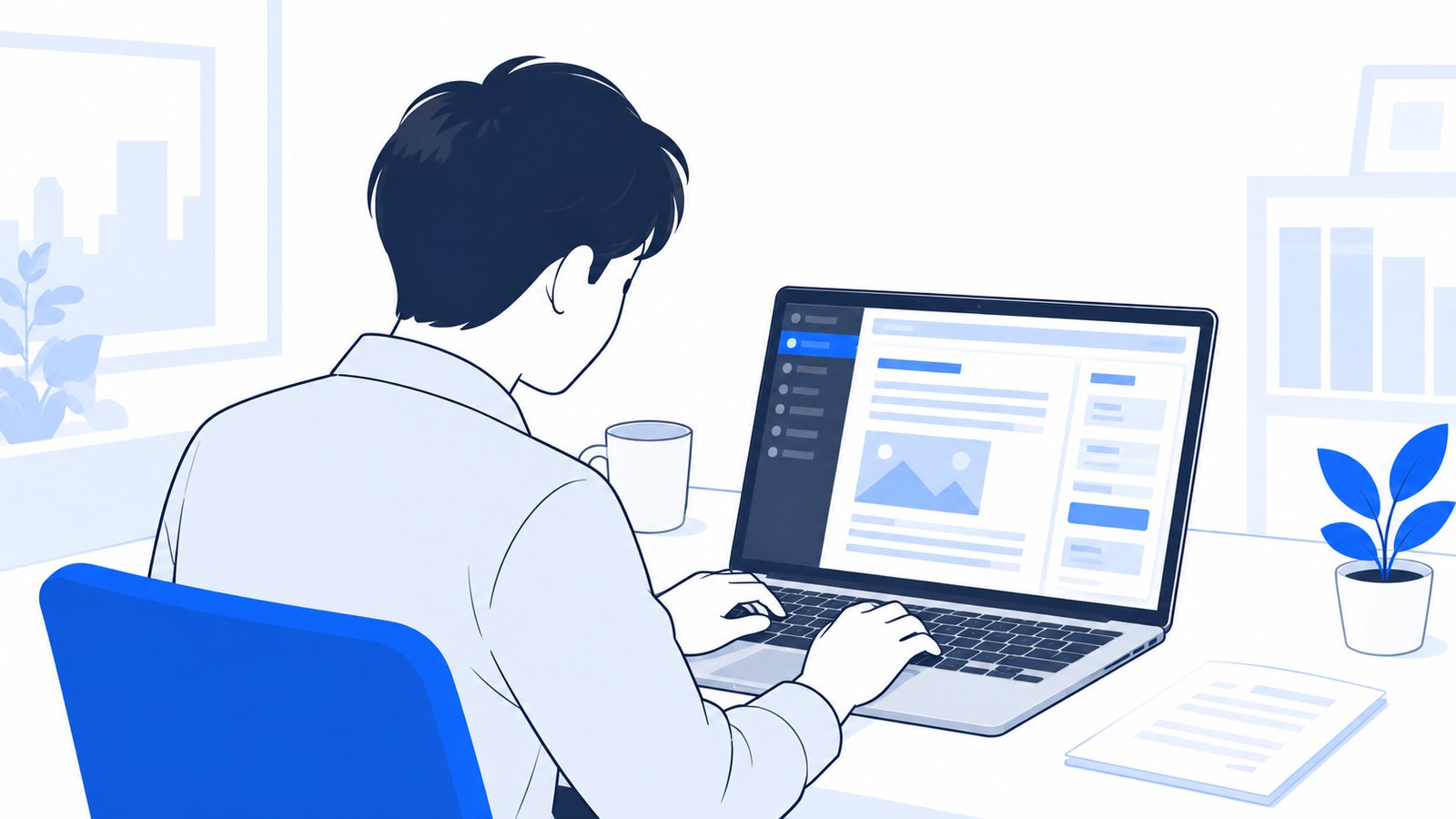担当者がノートPCでWordPressの管理画面を開き、固定ページの文章を書き直している様子