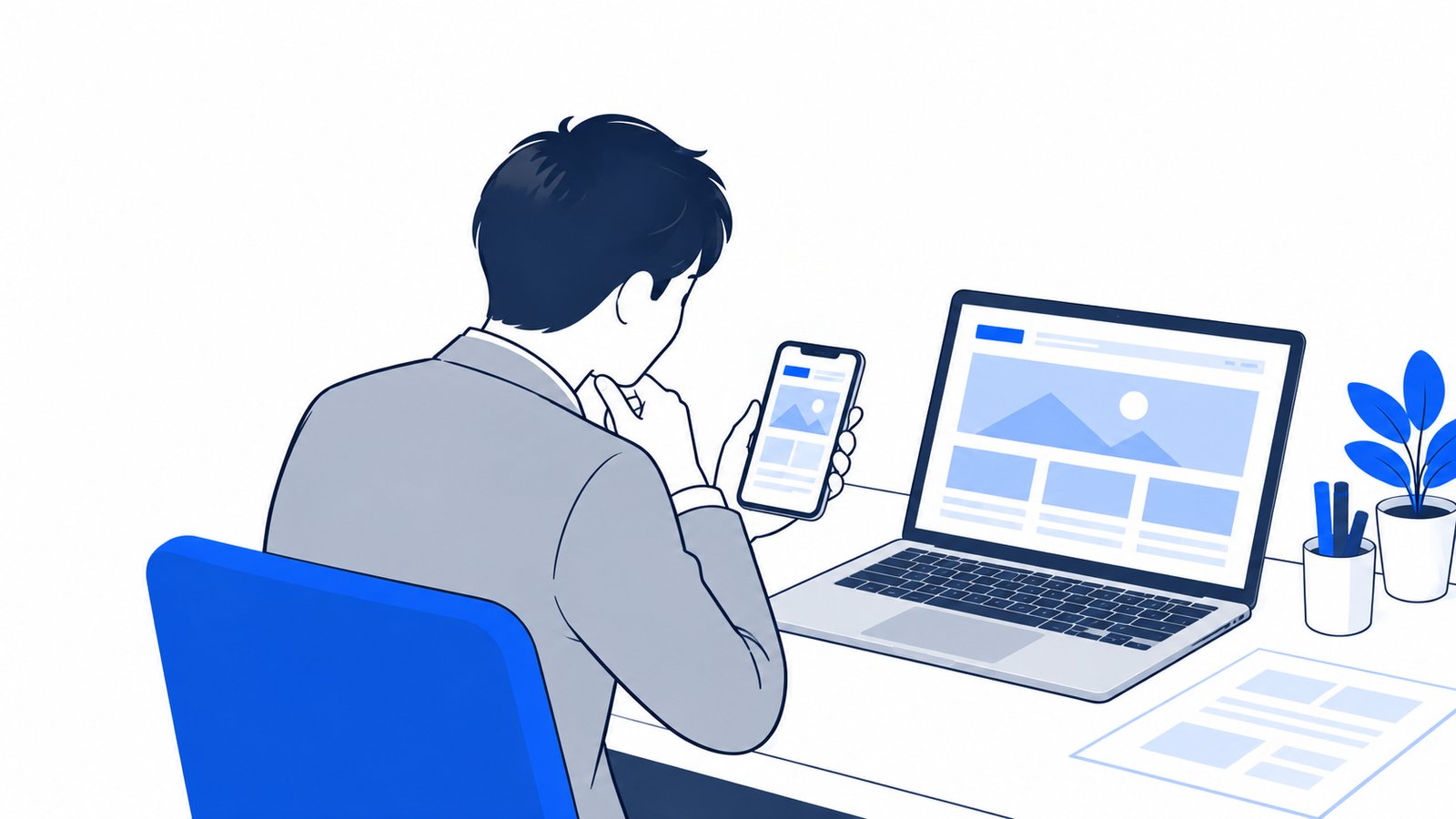 担当者がスマホとノートPCを並べて、公開前のホームページの表示を見比べている様子