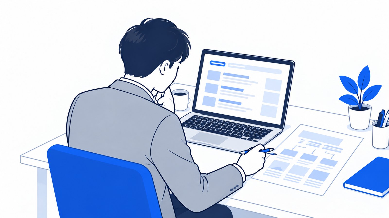 会社員がノートPCの検索画面と、手元のページ構成メモを見比べている場面