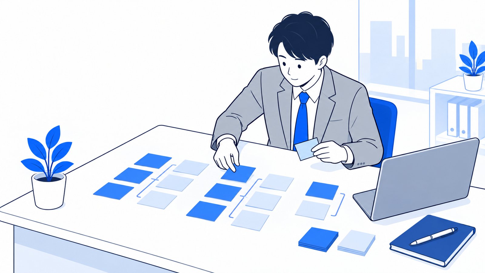 机に付箋を並べて、検索される言葉とページを対応づけている会社員