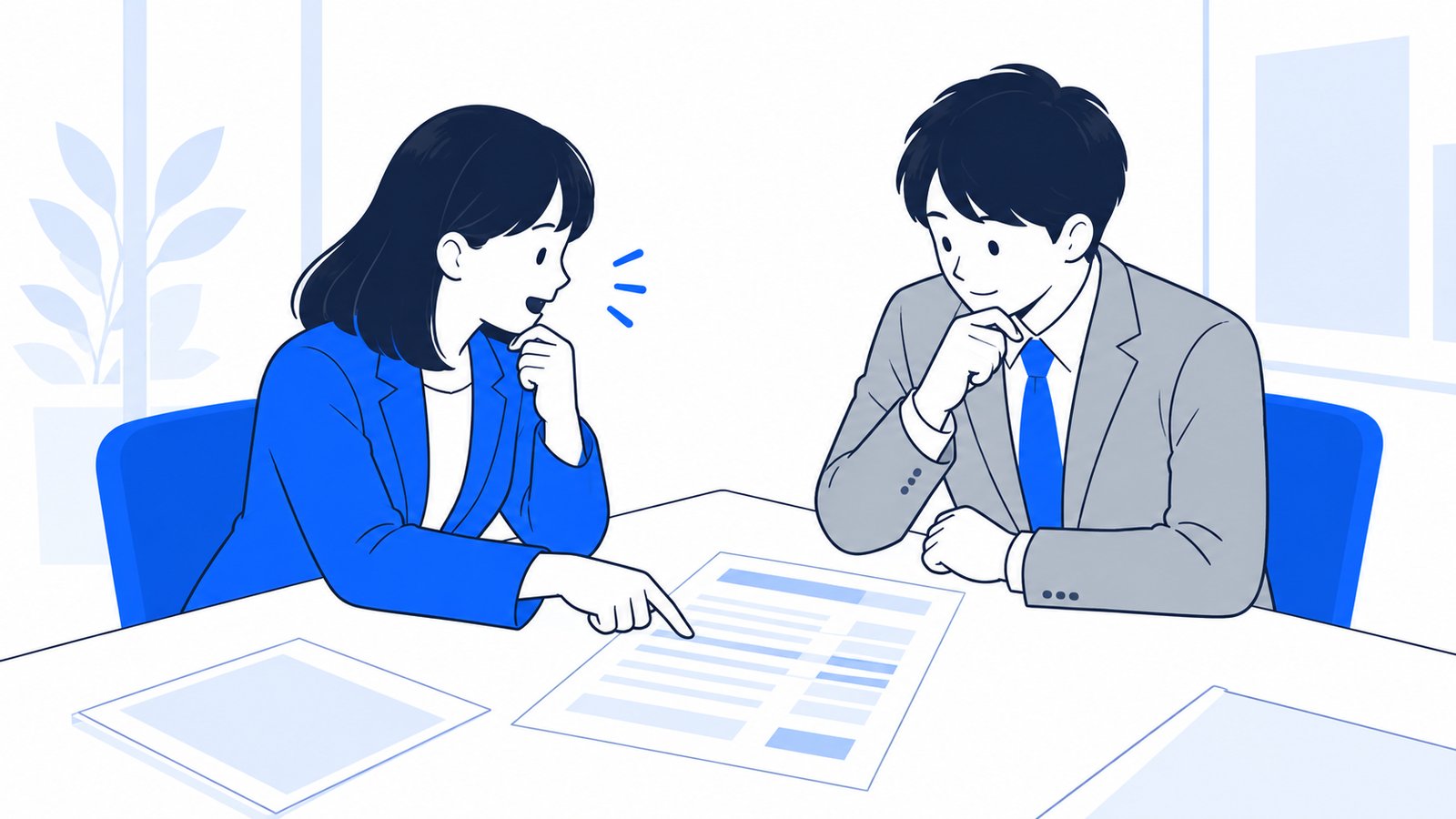 打ち合わせで、担当者が見積書の項目を指さしながら制作会社の人に質問している場面