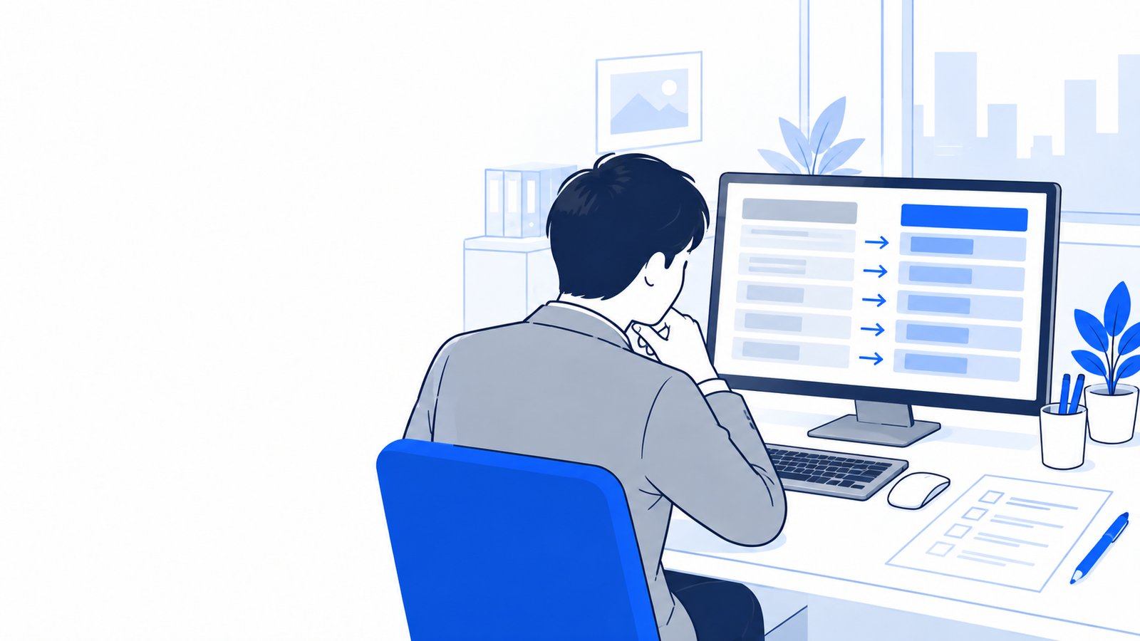 担当者が旧サイトと新サイトのURLを並べた一覧表を確認している場面
