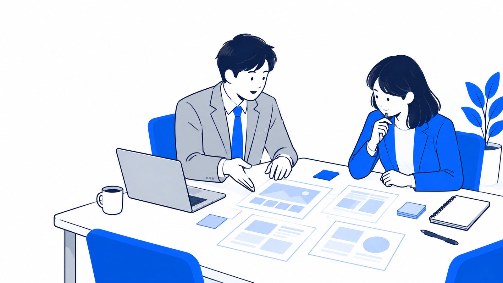 経営者と担当者が会議机にメモを広げ、ホームページに載せる内容を話し合っている場面