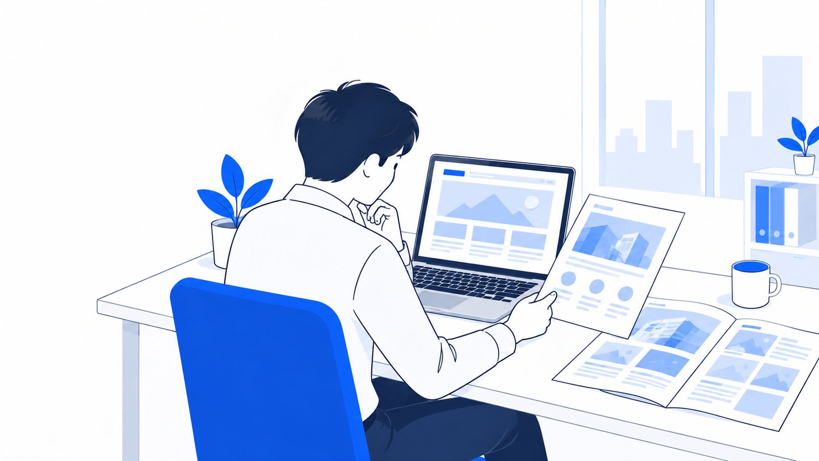 担当者が机の上で、作成サービスの画面と制作会社の資料を並べて見比べている場面