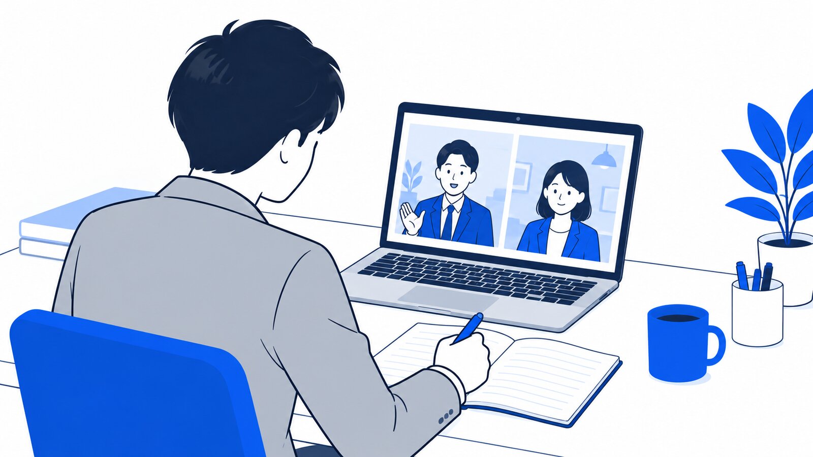 担当者がノートPCで制作会社とオンライン打ち合わせをしながら、メモを取っている場面
