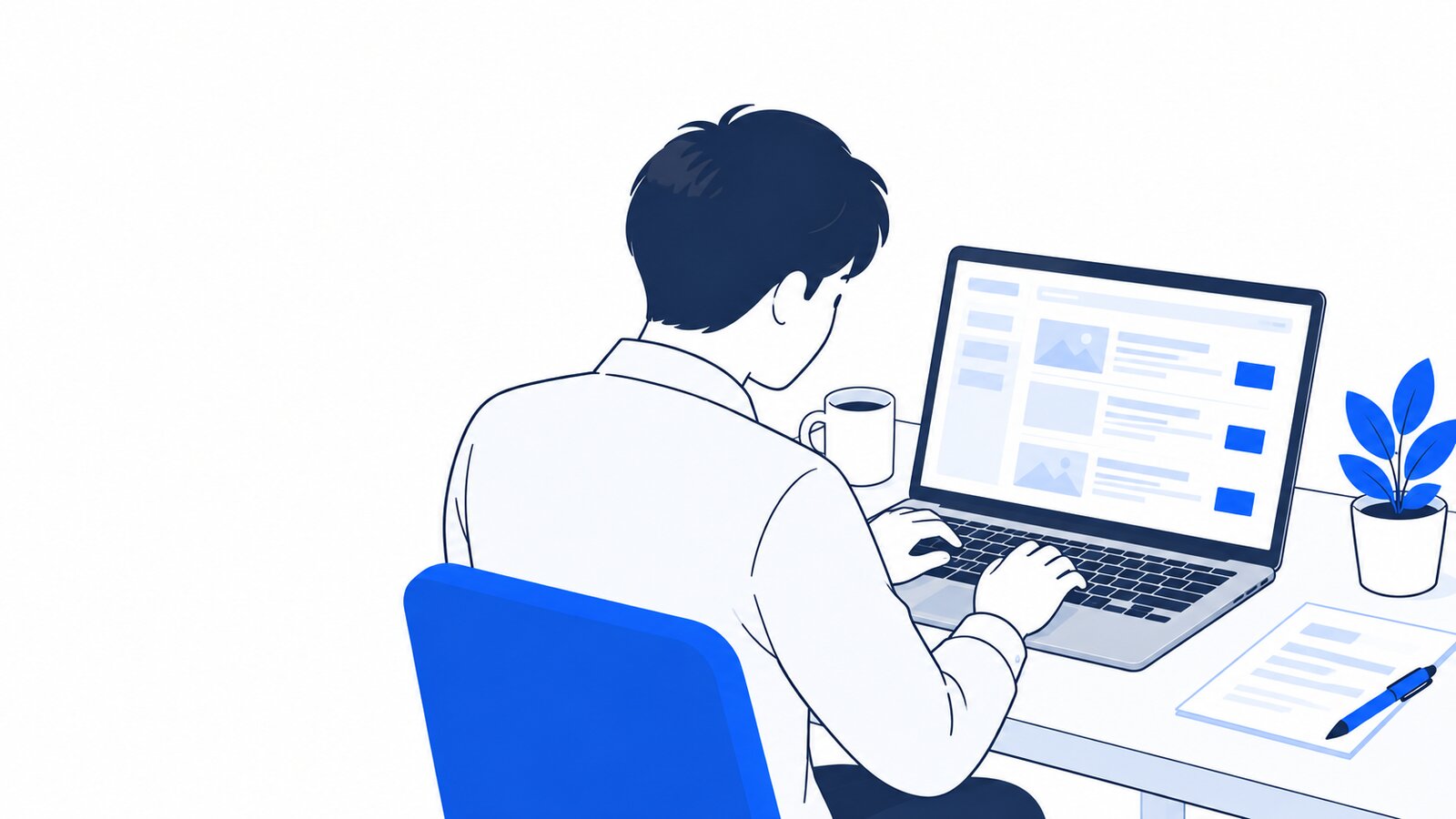担当者がノートPCでホームページのお知らせを更新している様子を肩越しに見た場面