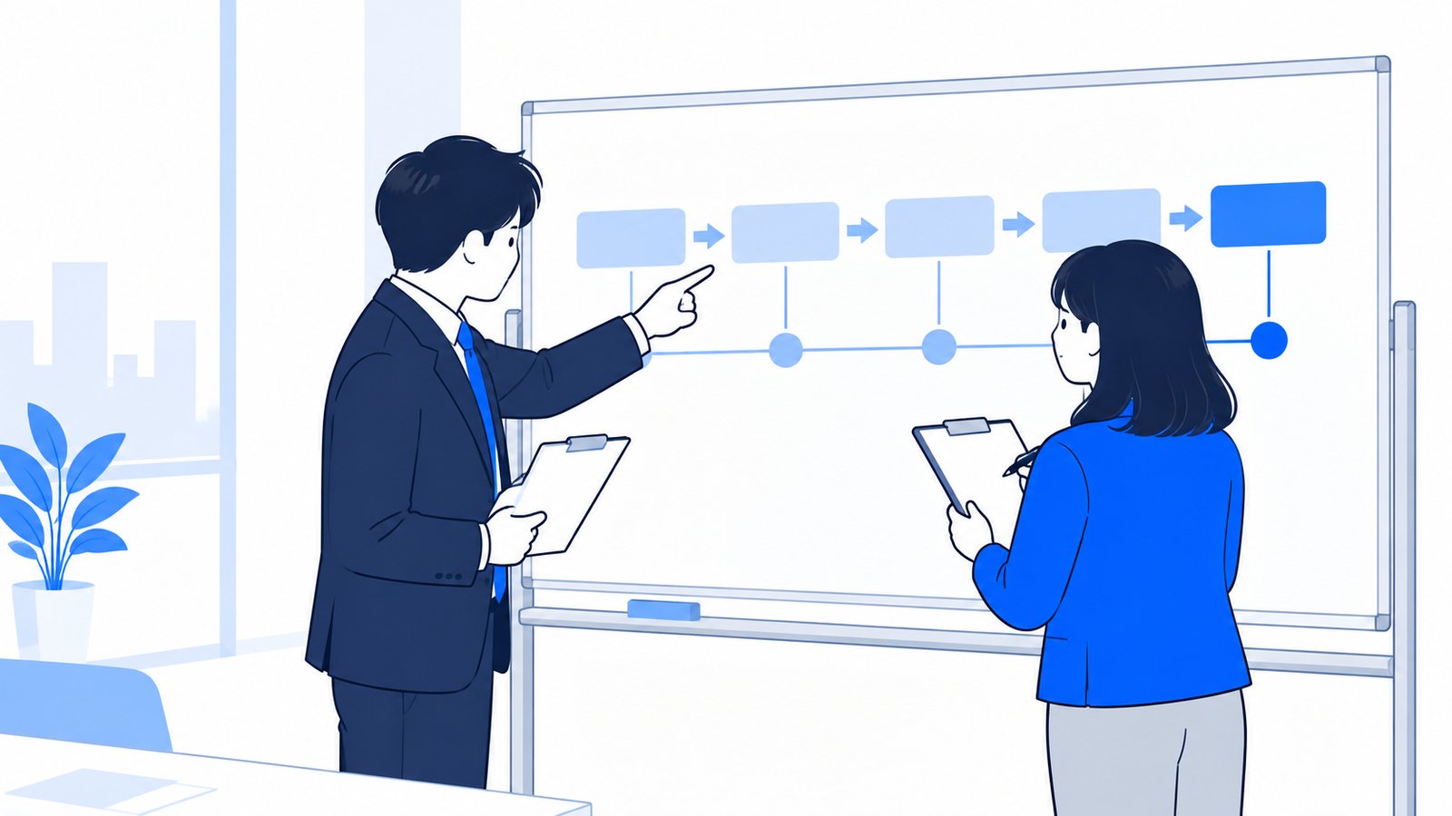 ホワイトボードに書いた工程の流れを前に、担当者が制作会社の人とスケジュールを確認している場面