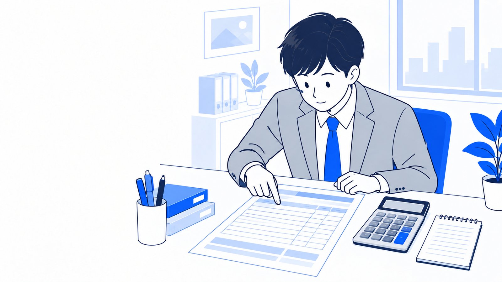 担当者が机の上で、見積書の項目を指でたどりながら、電卓とメモで費用を整理している場面