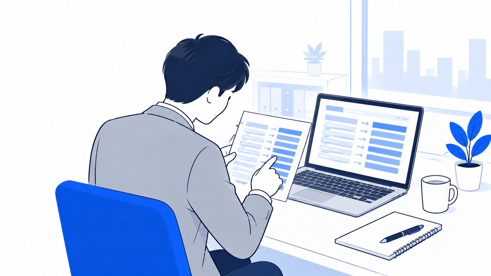 担当者が、旧URLと新URLを並べた対応表を、ノートPCの画面と見比べて確認している場面