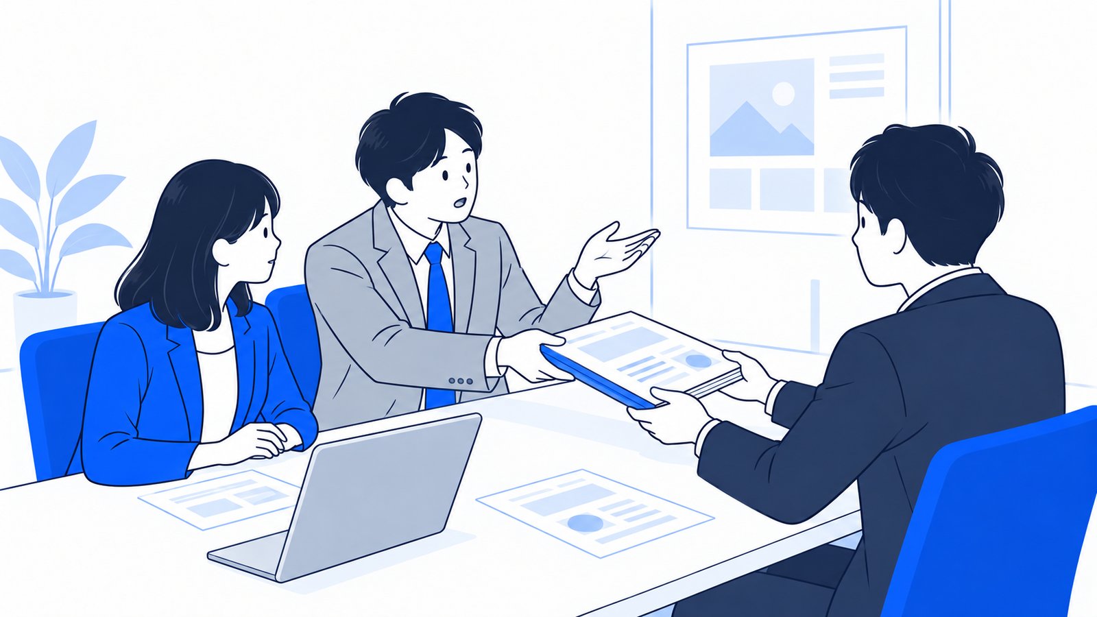 打ち合わせで、担当者が現在のホームページの引き継ぎ資料を制作会社の人に渡し、質問している場面