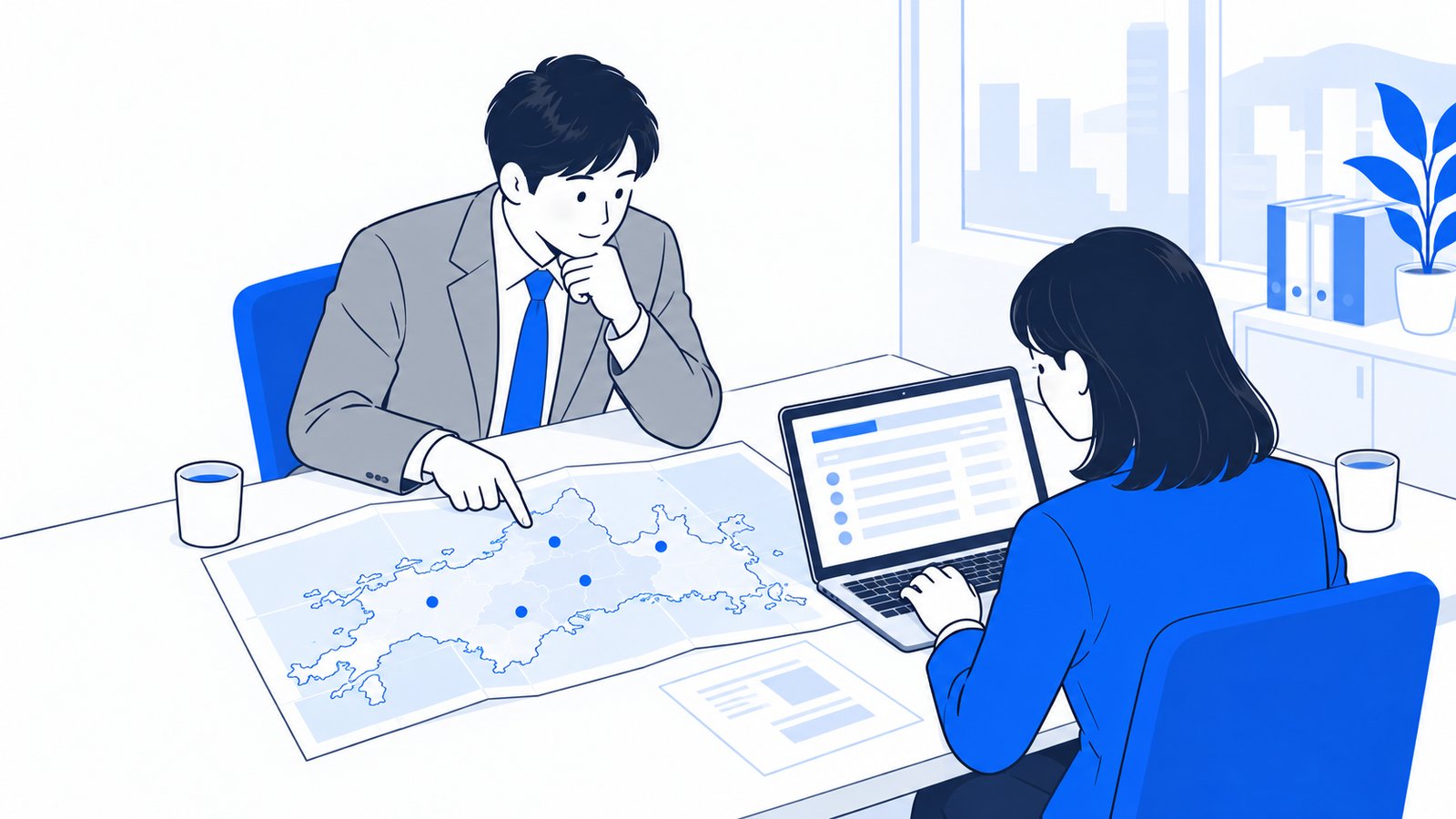 事務所で経営者と担当者が山口県の地図を机に広げ、お客様のいる地域を確かめながらノートPCに書き出している場面
