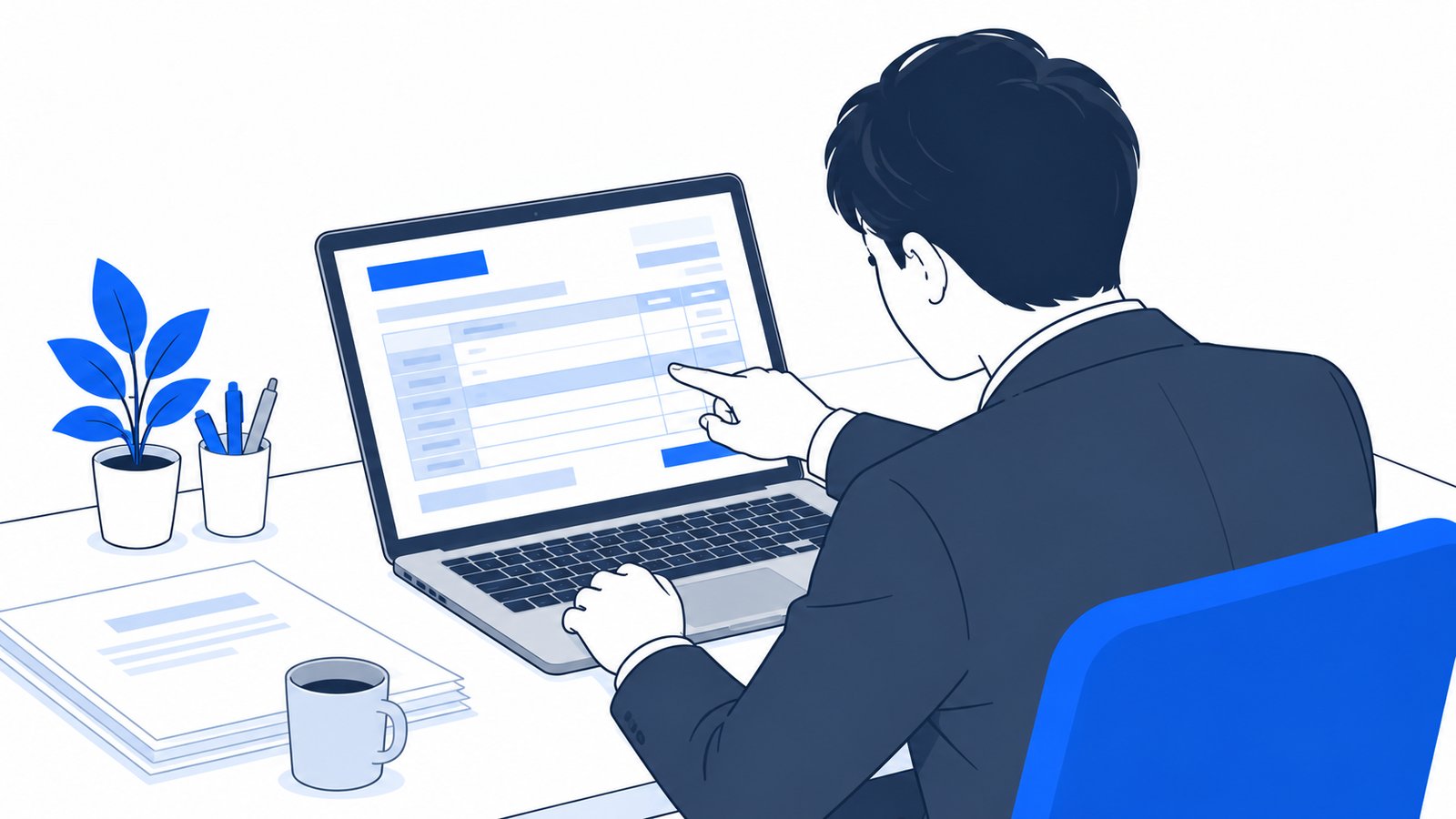 経営者がノートPCで制作会社から届いた見積書の内訳を、一行ずつ指で追いながら確認している様子を肩越しに見た場面