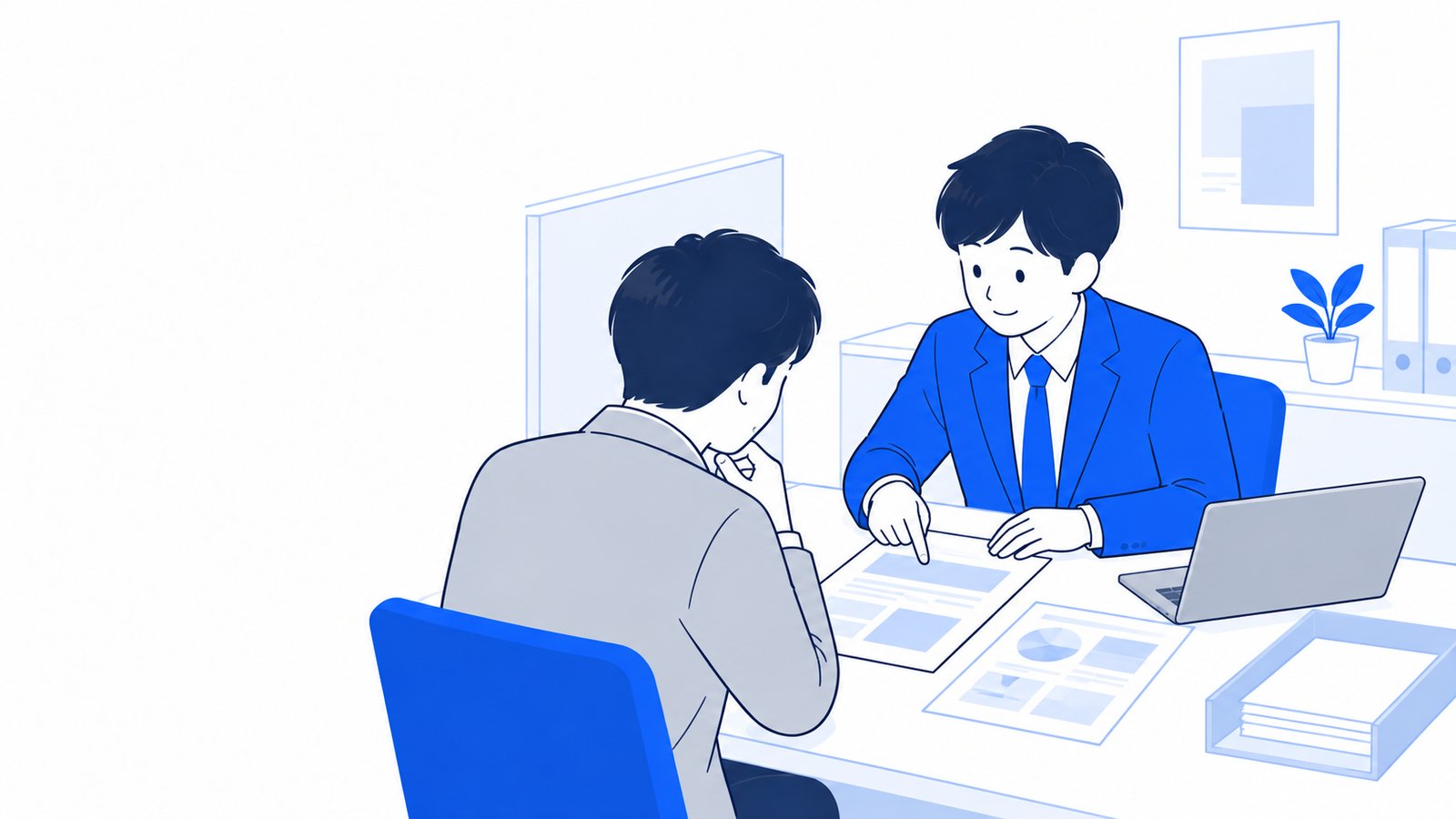 経営者が商工会の窓口で、職員と補助金の資料を一緒に見ながら申請の相談をしている場面