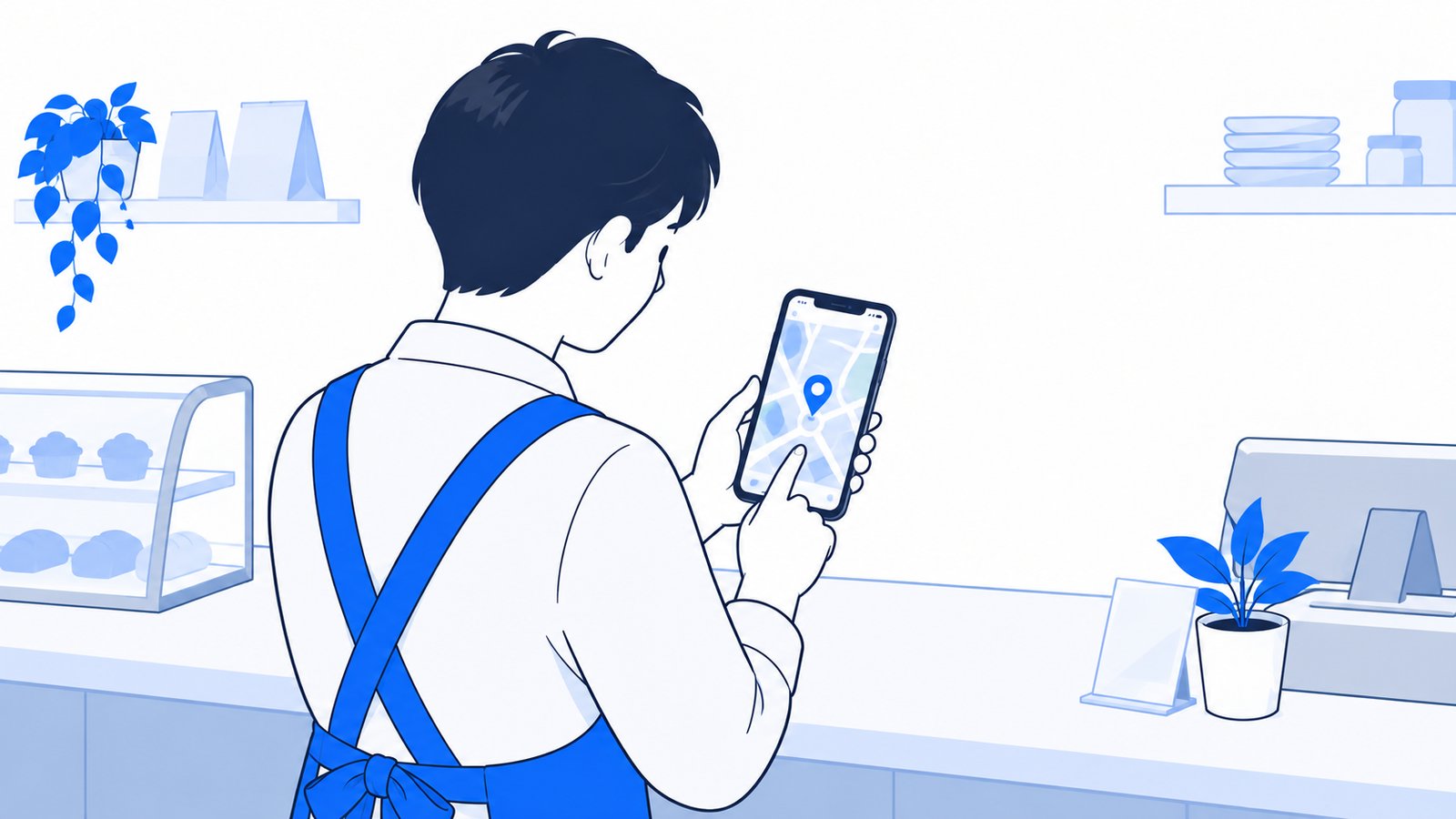 店主がカウンターでスマホを手に持ち、自分の店のGoogleマップの表示内容を確かめている場面