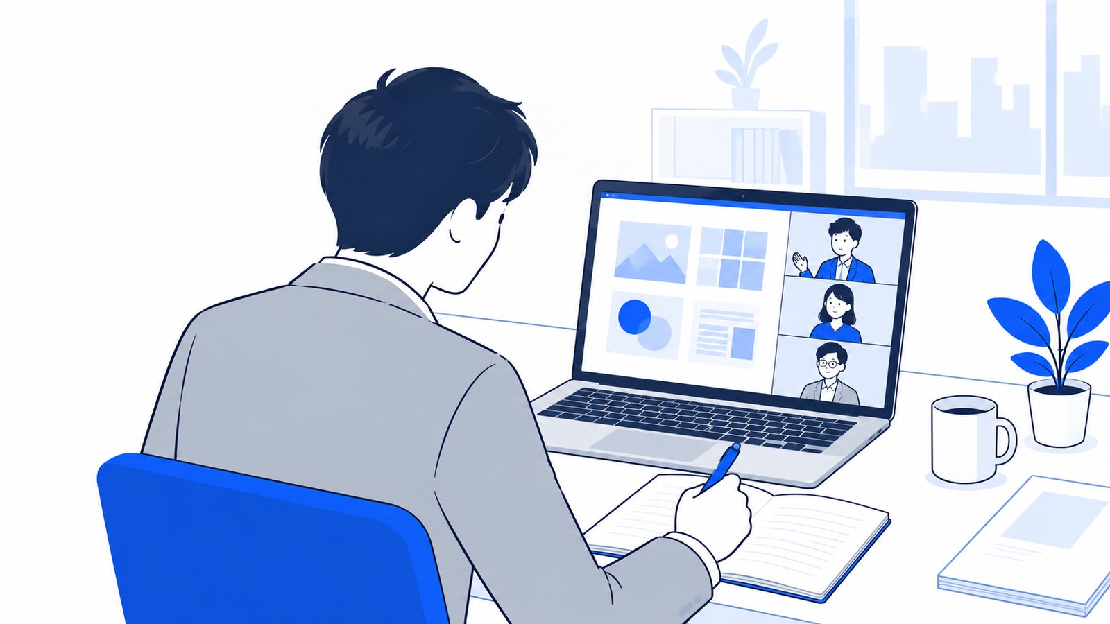 担当者がノートPCの画面でオンライン打ち合わせに参加し、制作会社からのデザイン案を見ながらメモを取っている場面